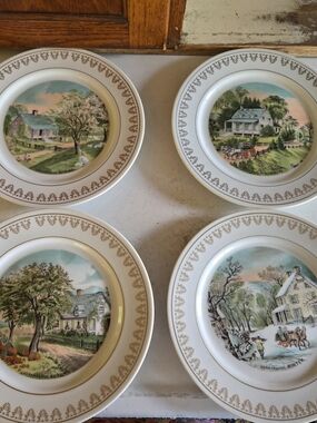 Currier & Ives Vintage Decorative Scenic Seasonal Plates - White and Pastel
